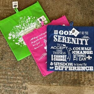 NWT 3 Inspirational Quote Tote Bags - Green, Pink, Blue